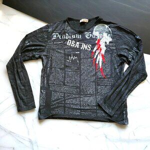 Y2K Vintage Men's D&A Gothic Angel Wings Long Sleeve Graphic Tee, Black Grunge